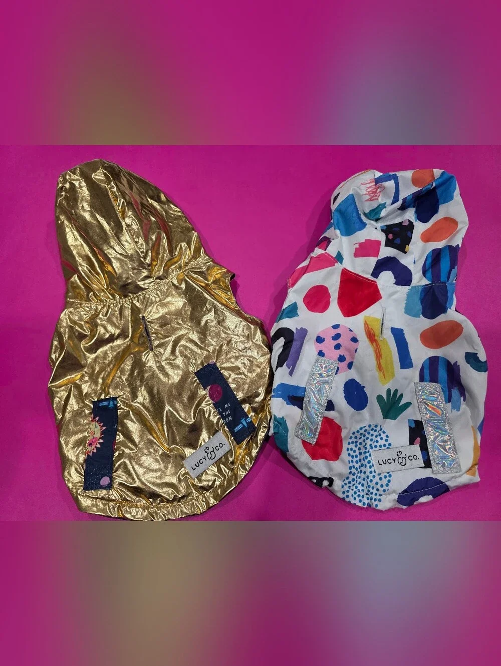 Lucy & Co. Metallic Gold and Multicolor 2 Dog Hooded Jackets